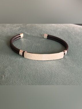 Sterling silver Men's Bracelet Black Adjustable Rubber Open Bangle